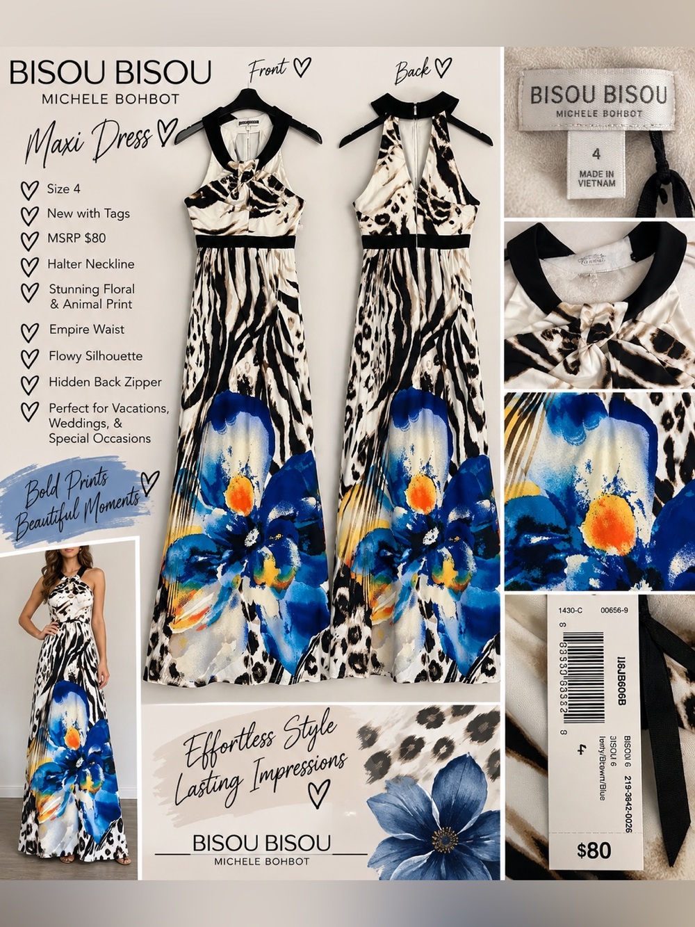 NWT Bisou Bisou Michele Bohbot Animal Floral Halter Maxi Dress – Size 4